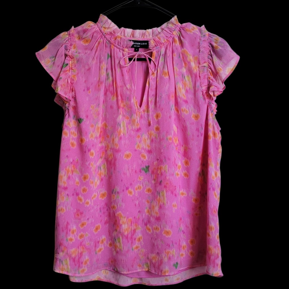 Generation‎ Love Pink Floral 100% Silk Ruffle Flutter Sleeve Blouse Top Small